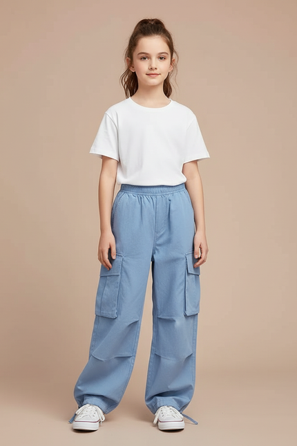 Pantalon Cargo Bleu Ample Décontracté Multipoches Enfant - Jean