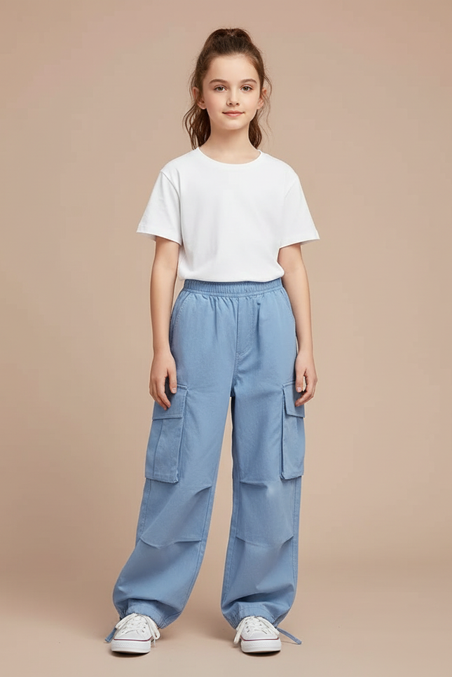 Pantalon Cargo Bleu Ample Décontracté Multipoches Enfant - Jean