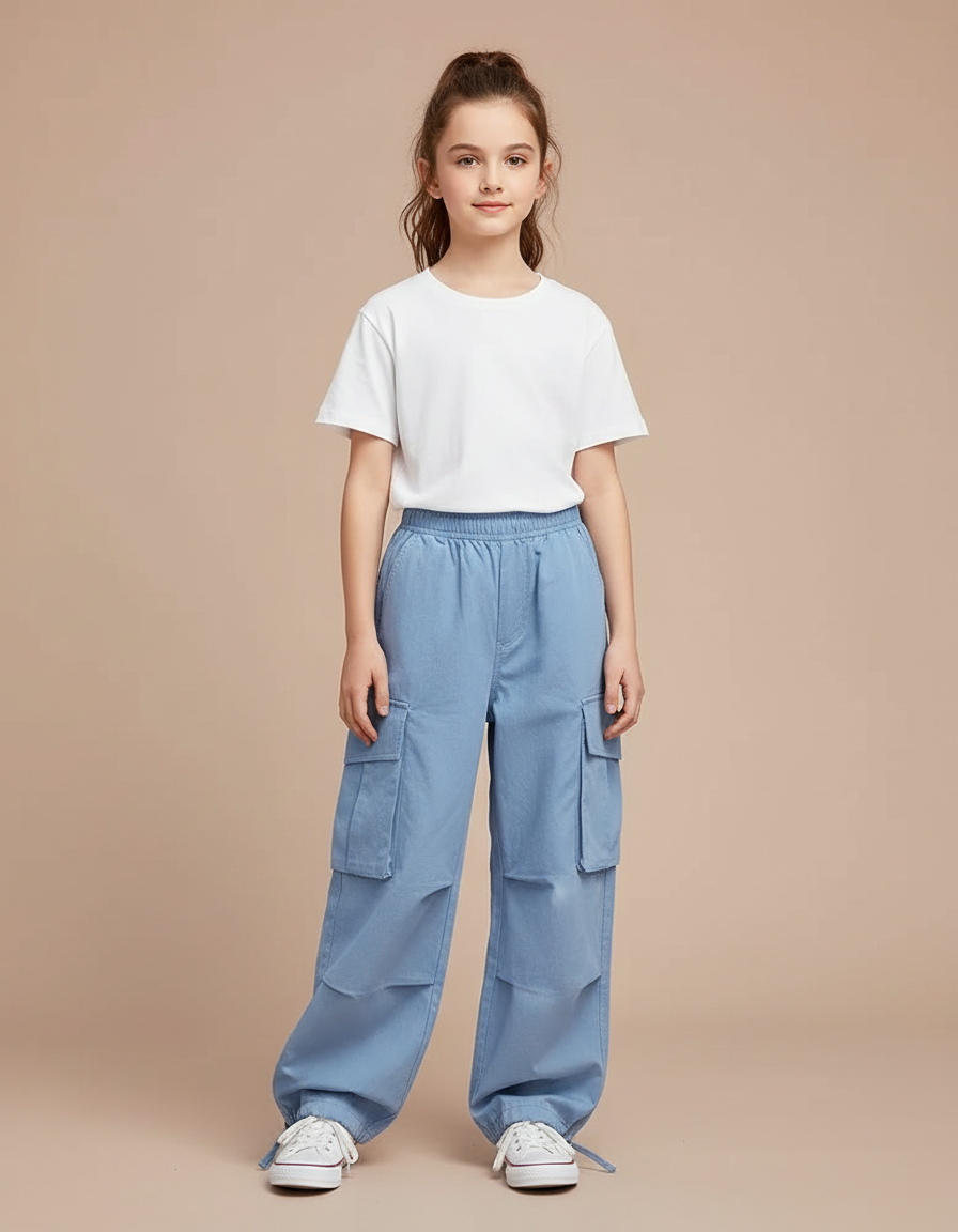 Pantalon Cargo Bleu Ample Décontracté Multipoches Enfant - Jean