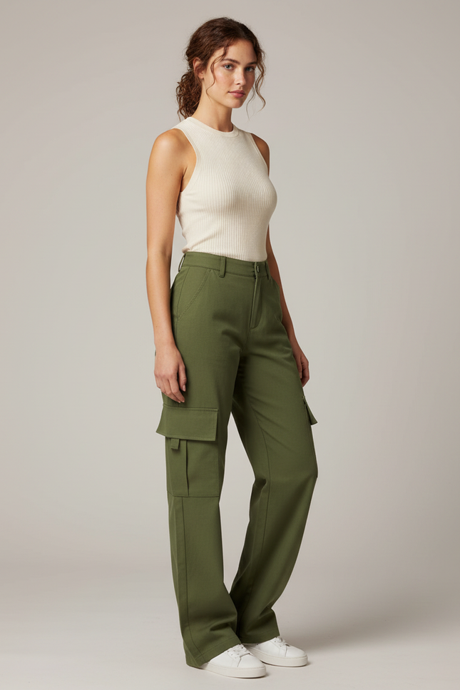 Pantalon Cargo Vert Femme - Kaki Toile