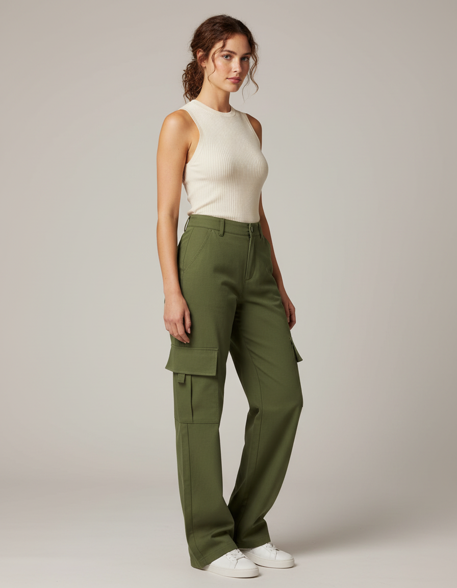 Pantalon Cargo Vert Femme - Kaki Toile