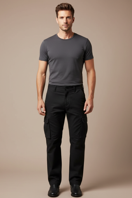Pantalon Cargo Noir Homme Ample Multipoches Décontracté - Toile