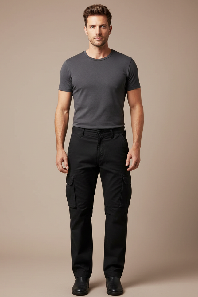 Pantalon Cargo Noir Homme Ample Multipoches Décontracté - Toile