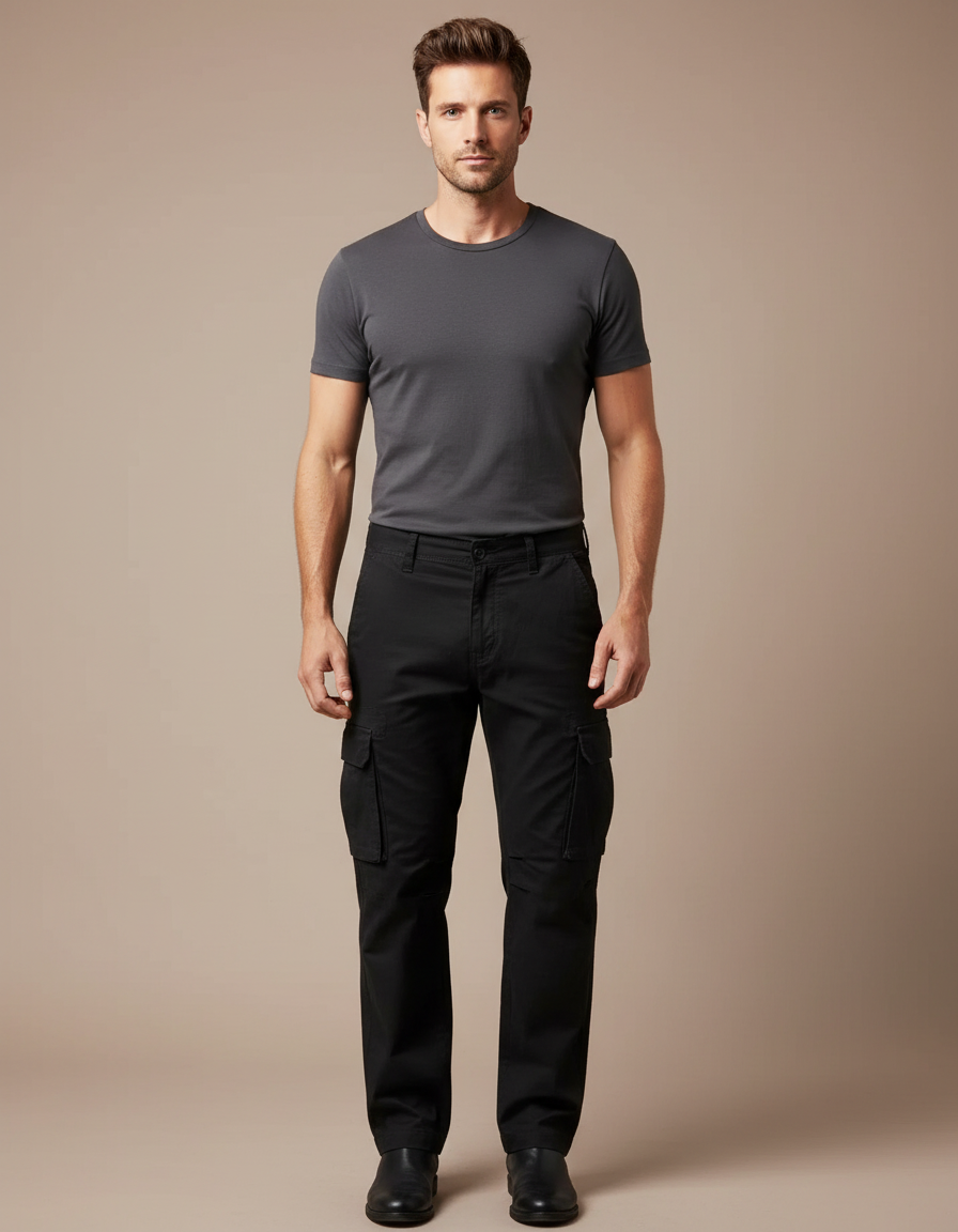 Pantalon Cargo Noir Homme Ample Multipoches Décontracté - Toile