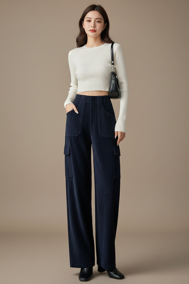 Pantalon Cargo Bleu Marine Côtelé Ample Femme - Cordé