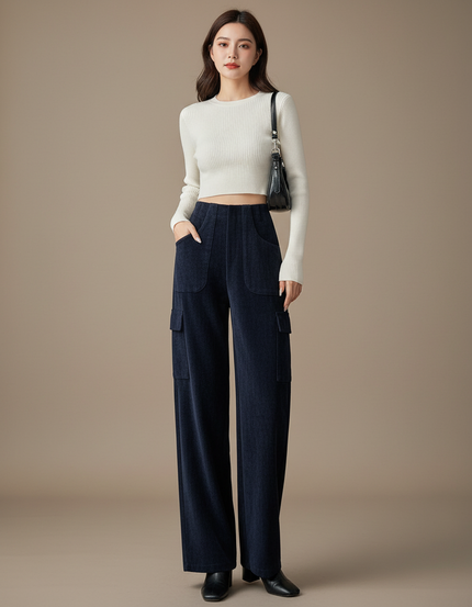 Pantalon Cargo Bleu Marine Côtelé Ample Femme - Cordé