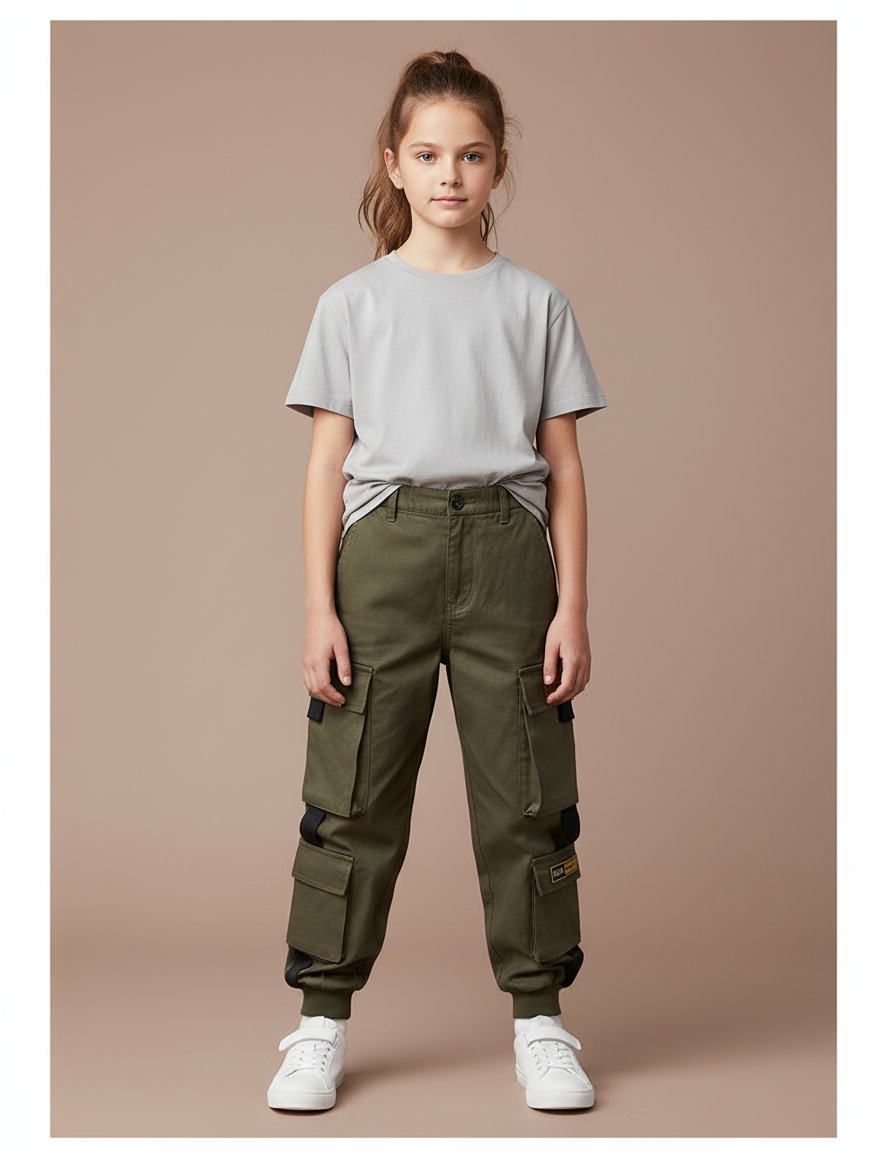 Pantalon Cargo Kaki Ample Multipoches Enfant - Toile