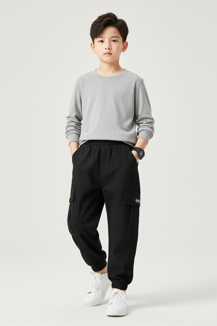 Pantalon Cargo Noir Coton Ample Garçon Poches