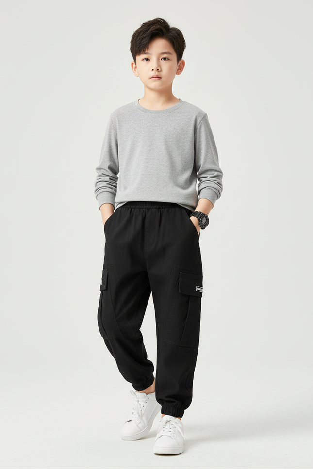 Pantalon Cargo Noir Coton Ample Garçon Poches