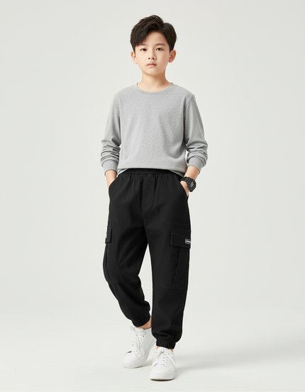 Pantalon Cargo Noir Coton Ample Garçon Poches