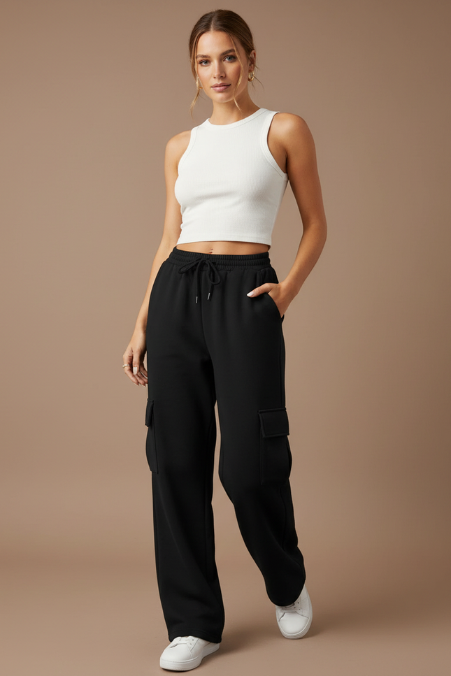 Pantalon Cargo Femme Noir Large Coton - Molleton