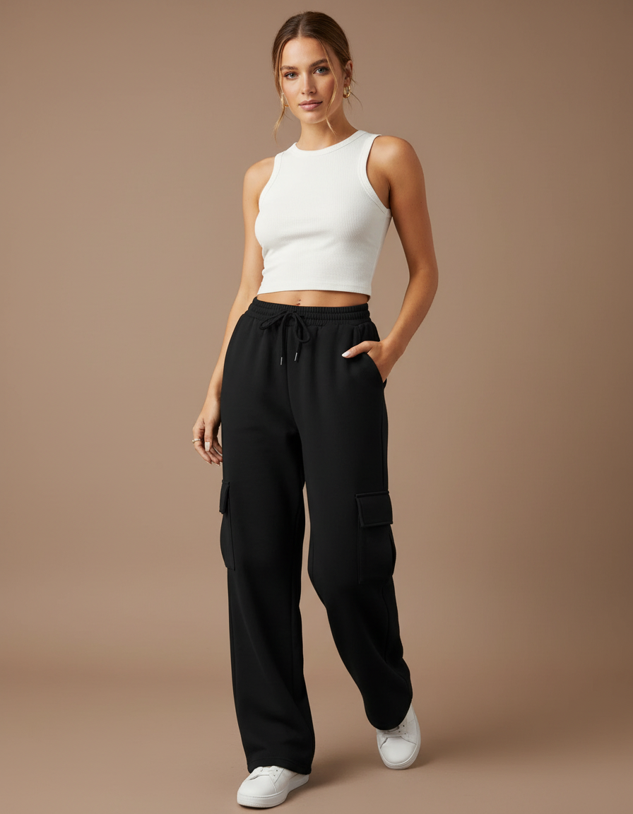 Pantalon Cargo Femme Noir Large Coton - Molleton