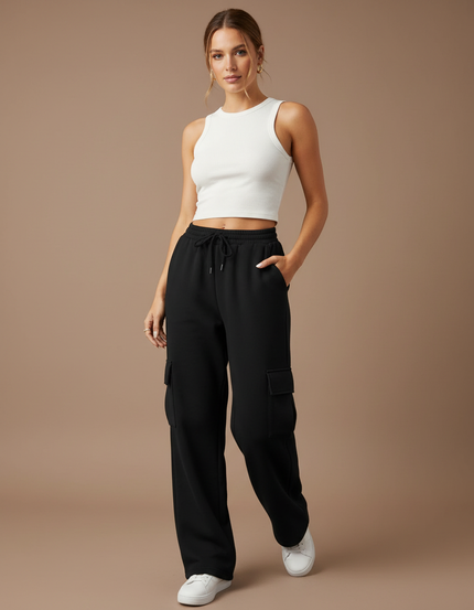 Pantalon Cargo Femme Noir Large Coton - Molleton