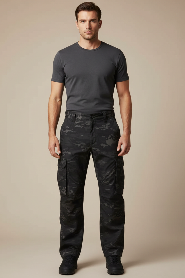 Pantalon Cargo Noir Camouflage Homme Décontracté Ample - Toile