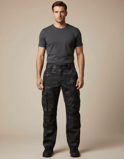 Pantalon Cargo Noir Camouflage Homme Décontracté Ample - Toile