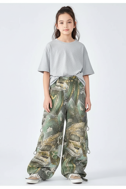 Pantalon Cargo Ample Camouflage Imprimé Streetwear Enfant - Jean