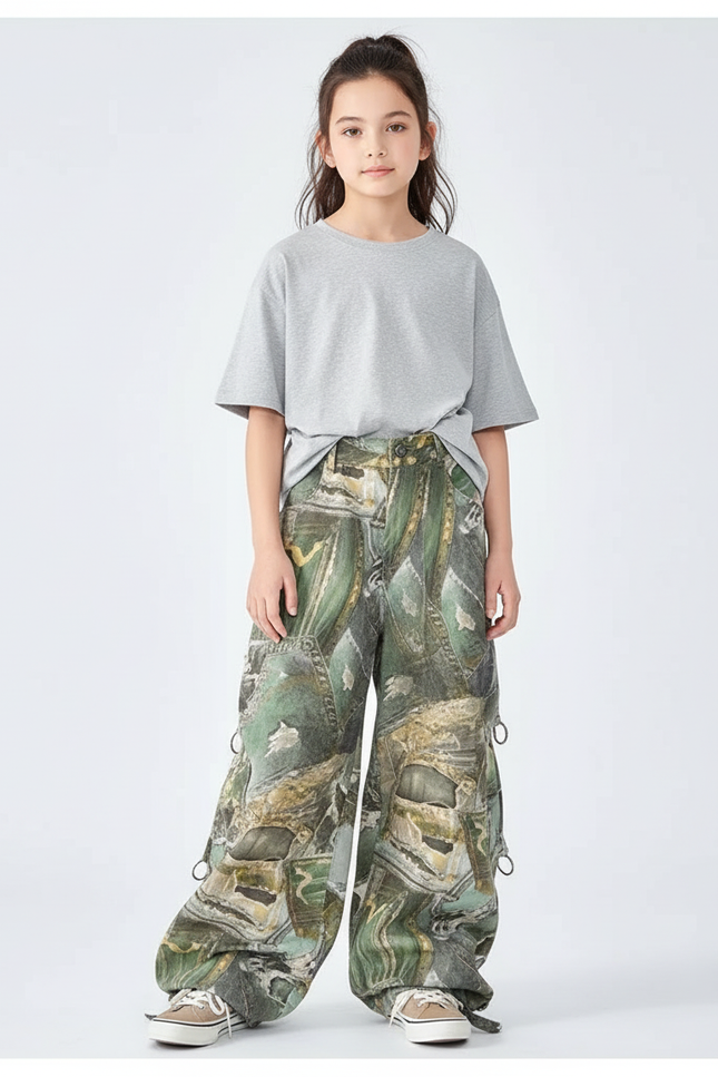 Pantalon Cargo Ample Camouflage Imprimé Streetwear Enfant - Jean