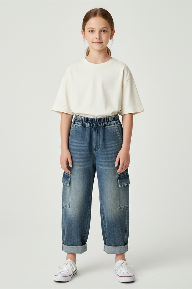 Pantalon Cargo Denim Bleu Ample Multipoches Enfant - Jean