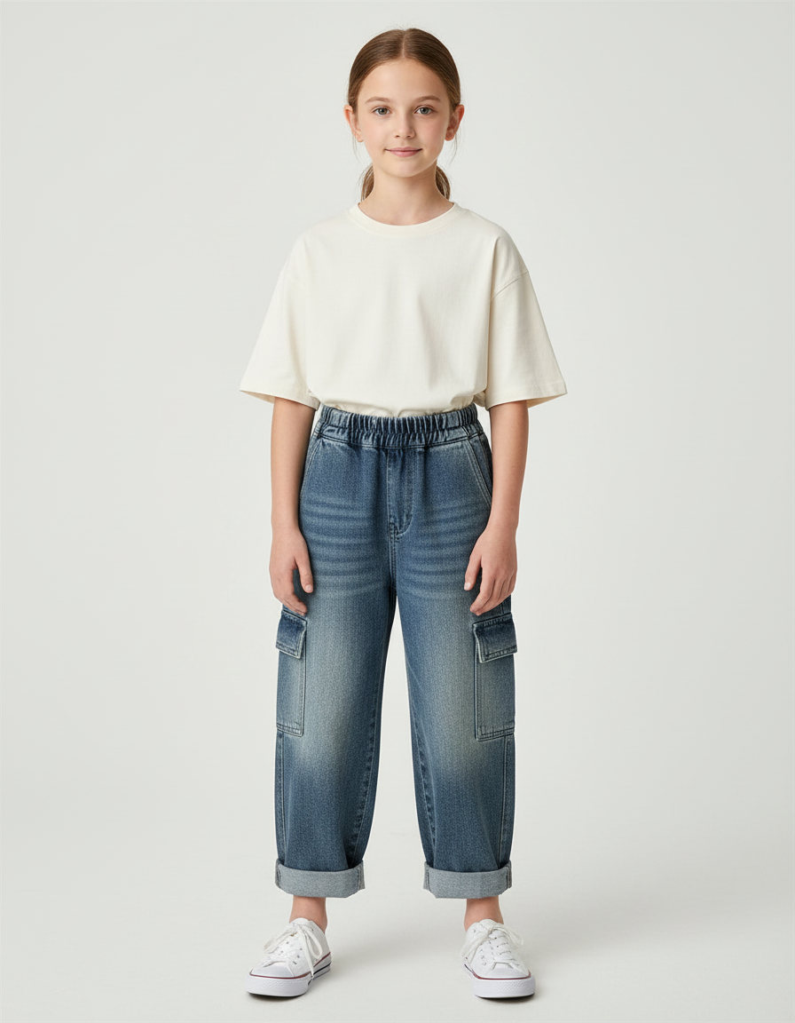 Pantalon Cargo Denim Bleu Ample Multipoches Enfant - Jean