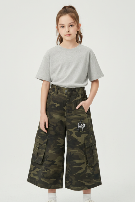 Pantalon Cargo Fille Kaki Large - Imprimé Toile