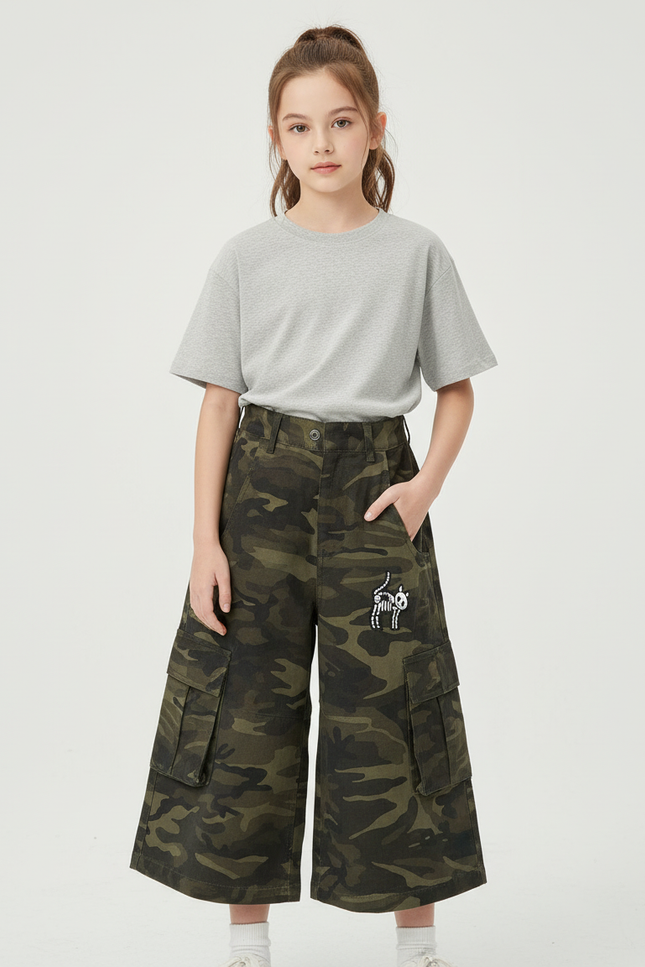 Pantalon Cargo Fille Kaki Large - Imprimé Toile