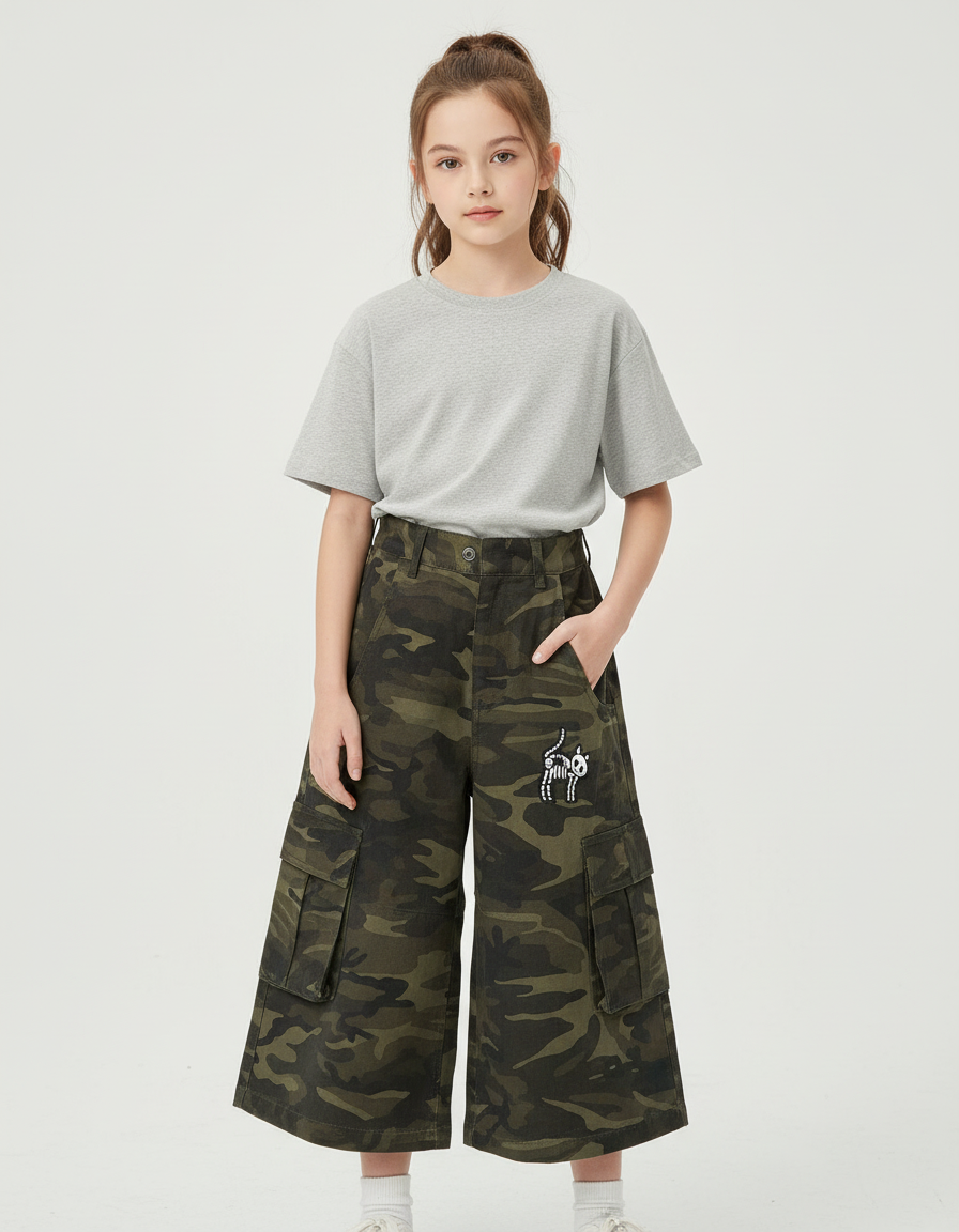 Pantalon Cargo Fille Kaki Large - Imprimé Toile