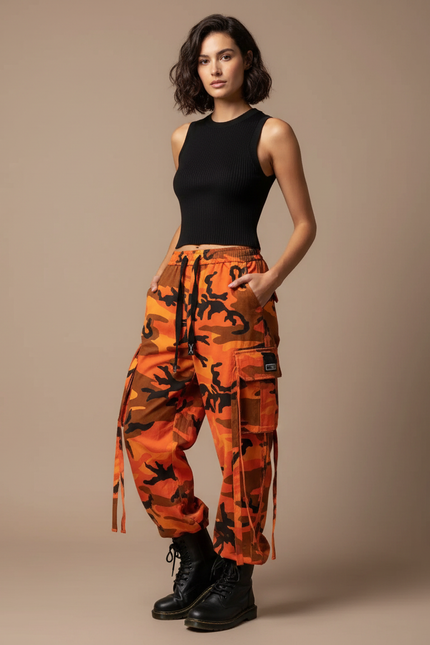 Pantalon Cargo Orange Camouflage Ample Streetwear Femme - Toile