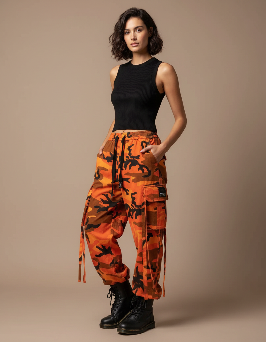Pantalon Cargo Orange Camouflage Ample Streetwear Femme - Toile