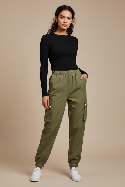 Pantalon Cargo Vert Kaki Ample Élastiqué Multipoches Femme - Toile
