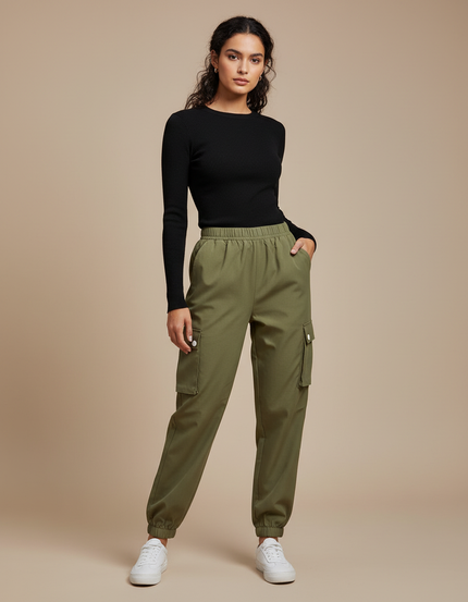 Pantalon Cargo Vert Kaki Ample Élastiqué Multipoches Femme - Toile