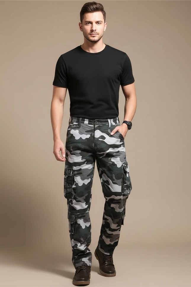 Pantalon Cargo Camouflage Gris Ample Multipoches Décontracté - Toile