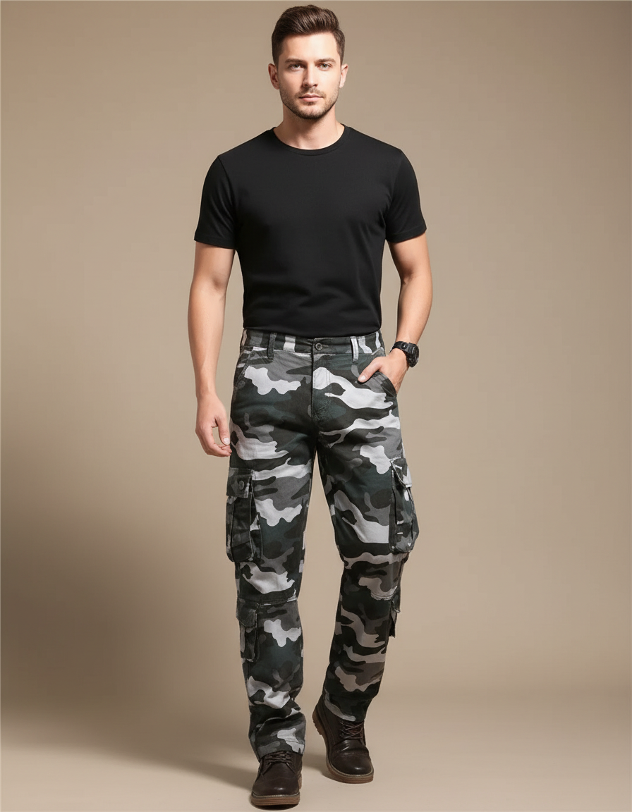 Pantalon Cargo Camouflage Gris Ample Multipoches Décontracté - Toile