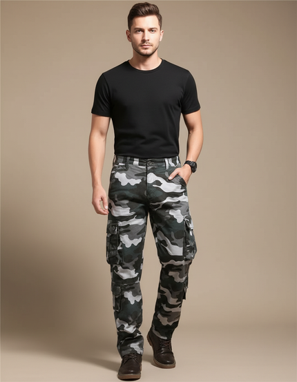Pantalon Cargo Camouflage Gris Ample Multipoches Décontracté - Toile