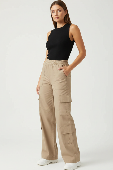 Pantalon Cargo Beige Décontracté Ample Poches Femme - Toile