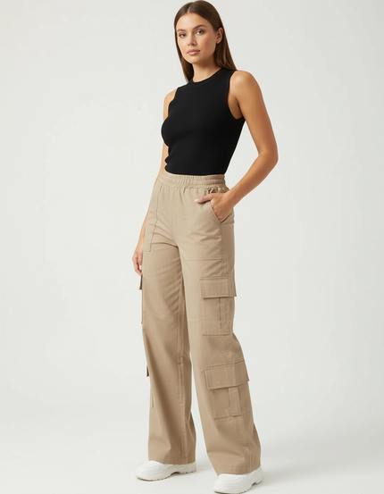 Pantalon Cargo Beige Décontracté Ample Poches Femme - Toile