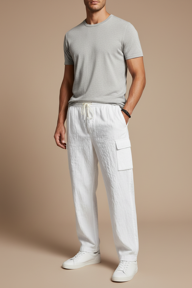 Pantalon Cargo Blanc Léger Cordon Multipoches Décontracté Homme - Lin