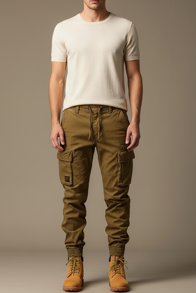 Pantalon Cargo Homme Kaki Coton Slim Multipoches - Toile