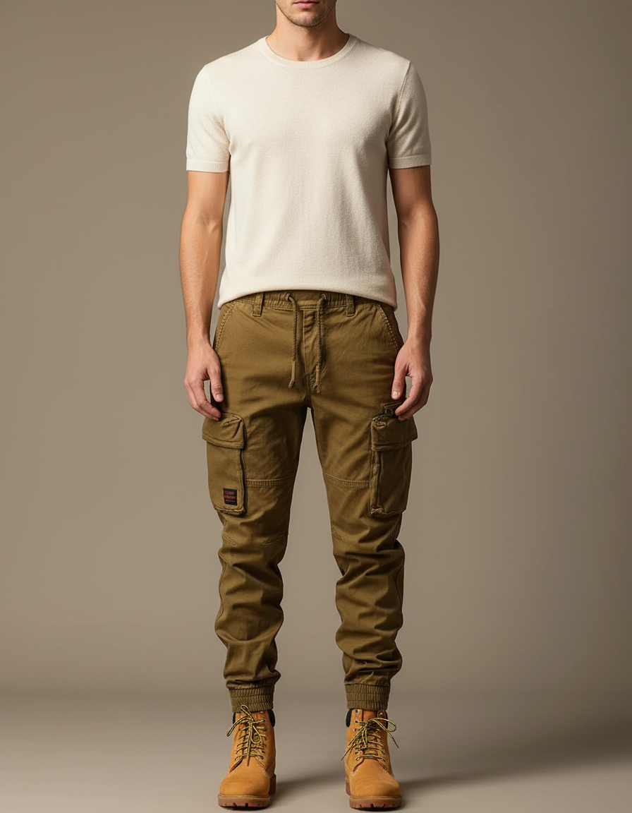 Pantalon Cargo Homme Kaki Coton Slim Multipoches - Toile