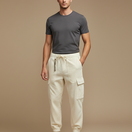 Pantalon Cargo Crème Coton Texturé Décontracté Homme - Beige