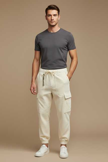 Pantalon Cargo Crème Coton Texturé Décontracté Homme - Beige