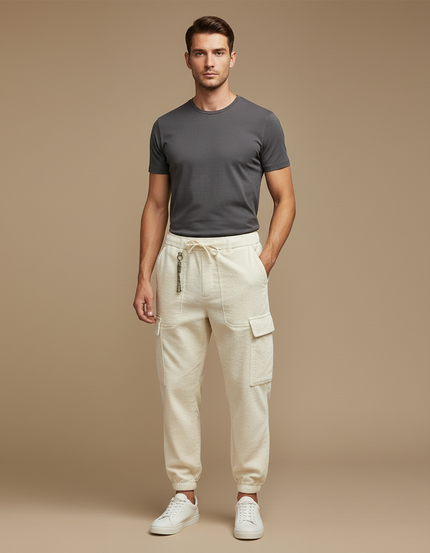 Pantalon Cargo Crème Coton Texturé Décontracté Homme - Beige