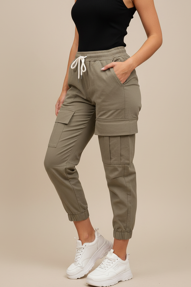 Pantalon Cargo Kaki Ample Cordon Décontracté Femme - Coton