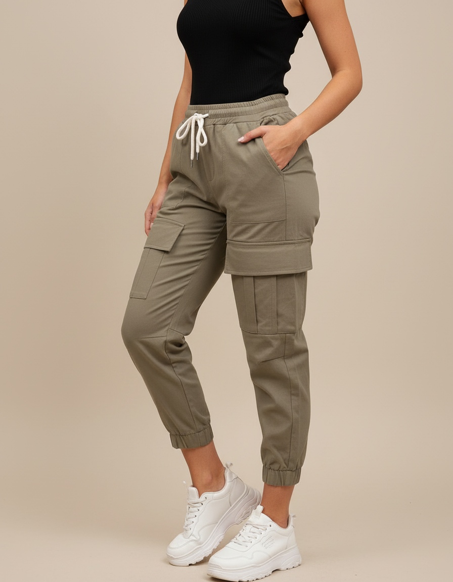 Pantalon Cargo Kaki Ample Cordon Décontracté Femme - Coton
