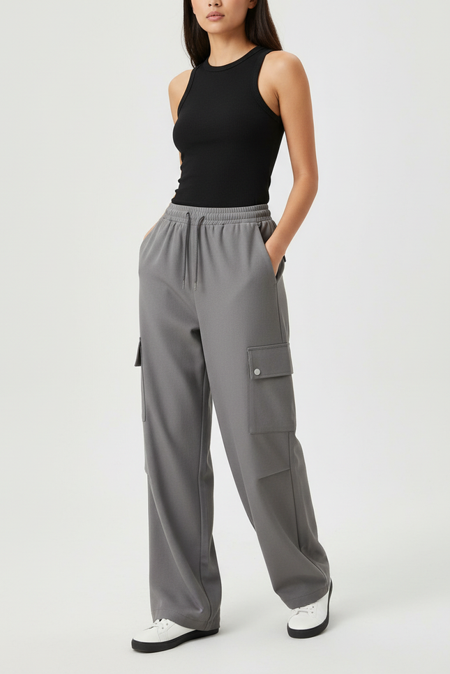Pantalon Cargo Gris Ample Cordon Décontracté Femme - Molleton