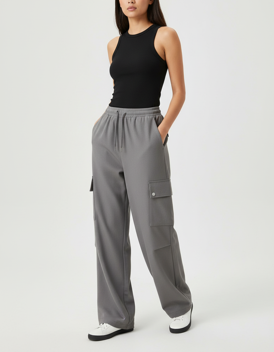 Pantalon Cargo Gris Ample Cordon Décontracté Femme - Molleton