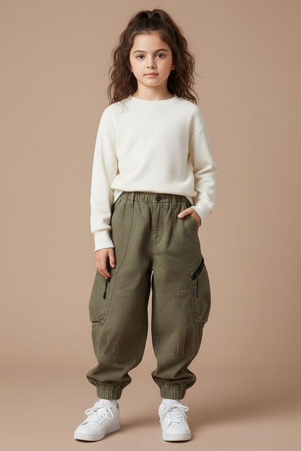 Pantalon Cargo Vert Kaki Ample Molletonné Enfant Décontracté