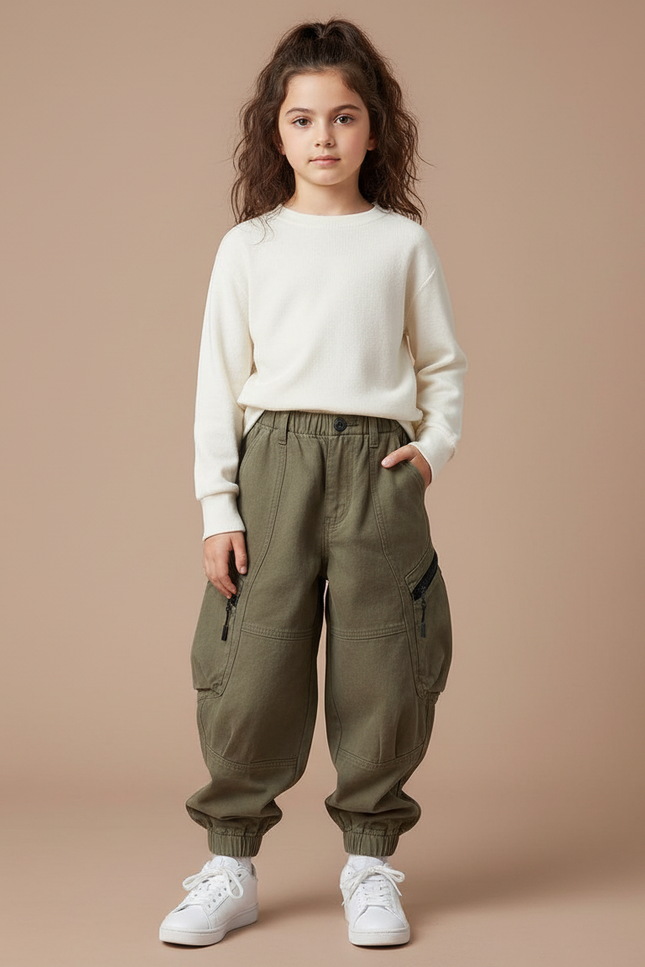 Pantalon Cargo Vert Kaki Ample Molletonné Enfant Décontracté