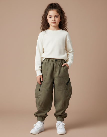 Pantalon Cargo Vert Kaki Ample Molletonné Enfant Décontracté