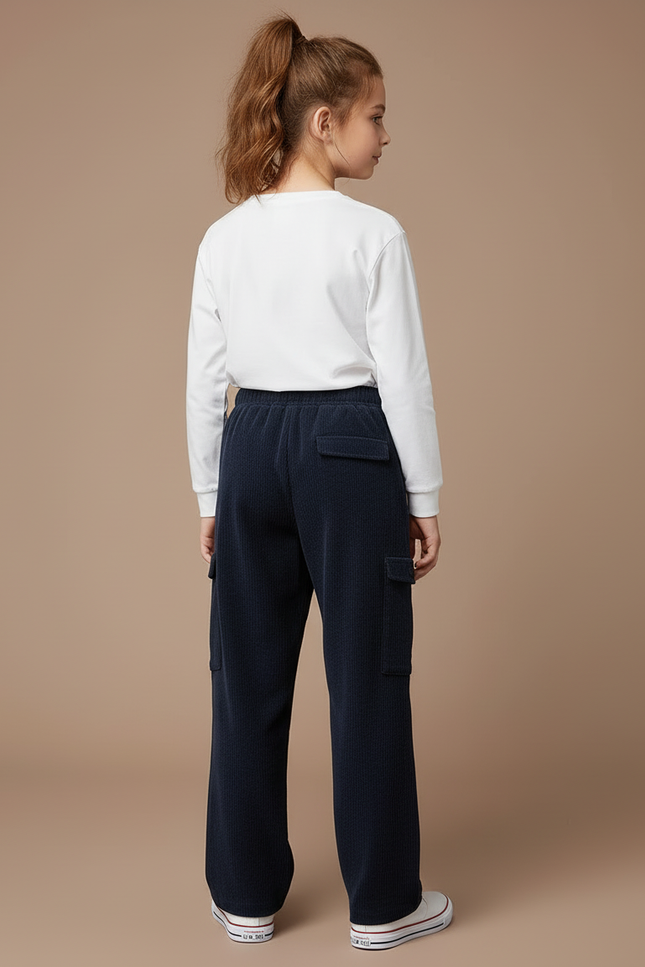 Pantalon Cargo Bleu Marine Côtelé Ample Enfant - Cordé - vue 2