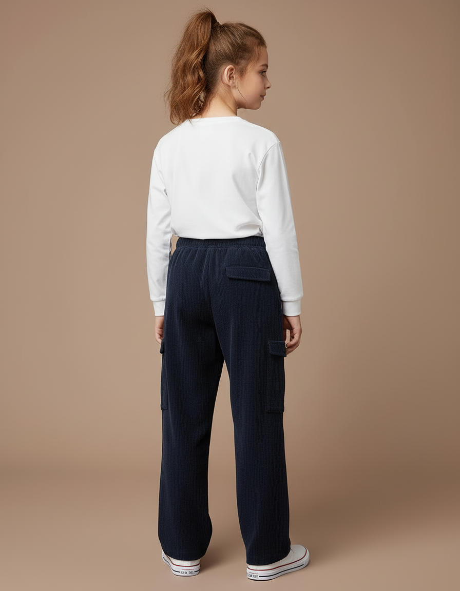 Pantalon Cargo Bleu Marine Côtelé Ample Enfant - Cordé - vue 2